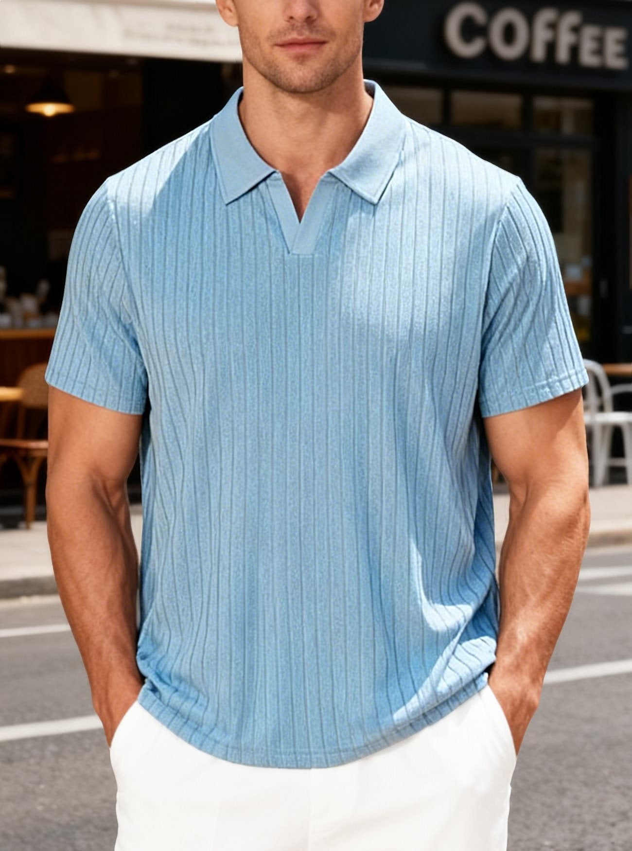 Casual Towel-Weave Jacquard Lapel Mens Striped Short-Sleeve Shirt
