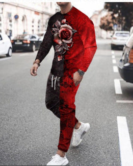 Long Sleeve Sports Two Piece Round Neck Casual Print Men's Sweater Suit Top