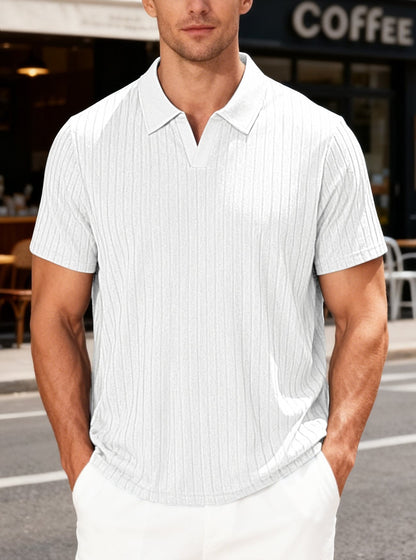 Casual Towel-Weave Jacquard Lapel Mens Striped Short-Sleeve Shirt