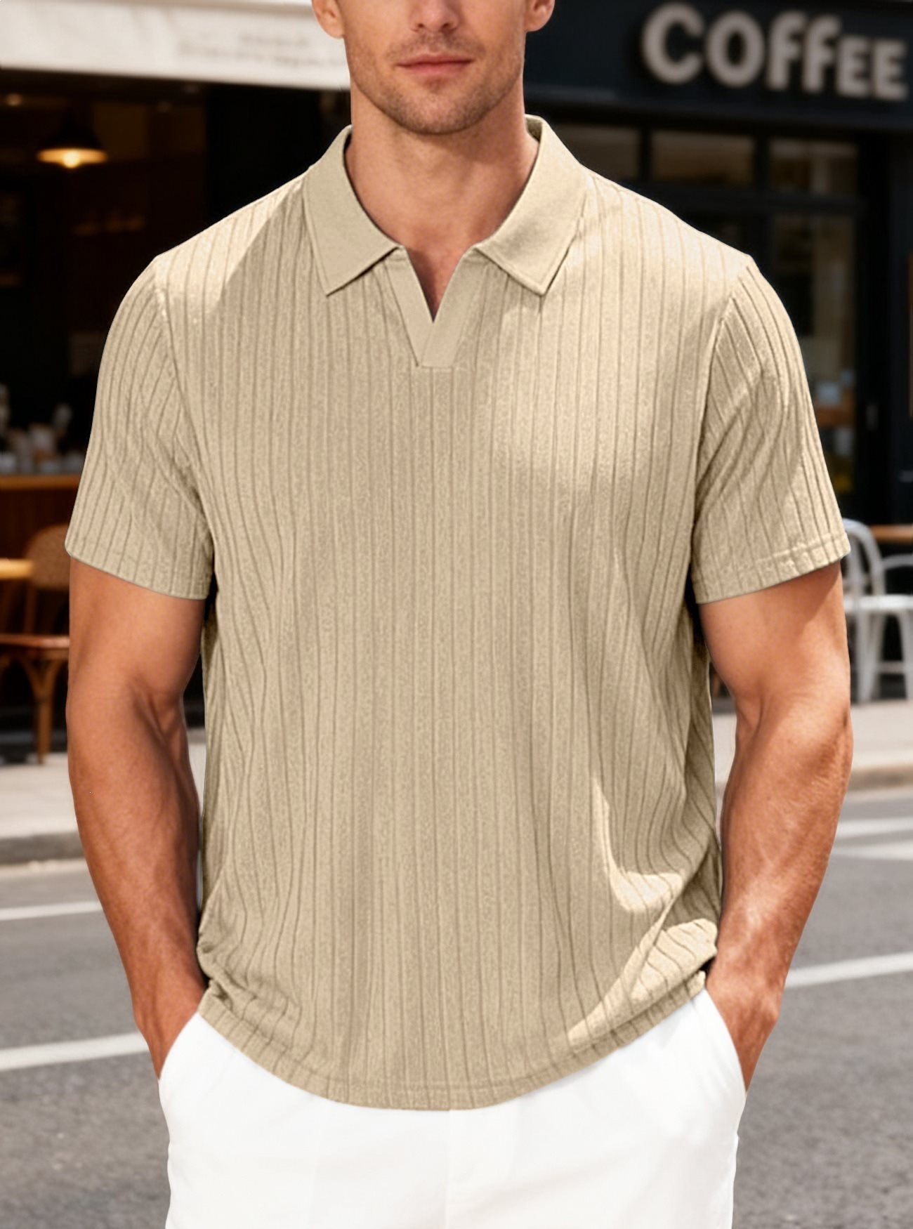 Casual Towel-Weave Jacquard Lapel Mens Striped Short-Sleeve Shirt