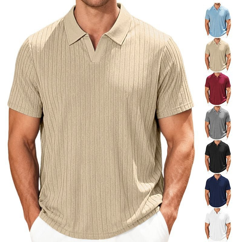 Casual Towel-Weave Jacquard Lapel Mens Striped Short-Sleeve Shirt