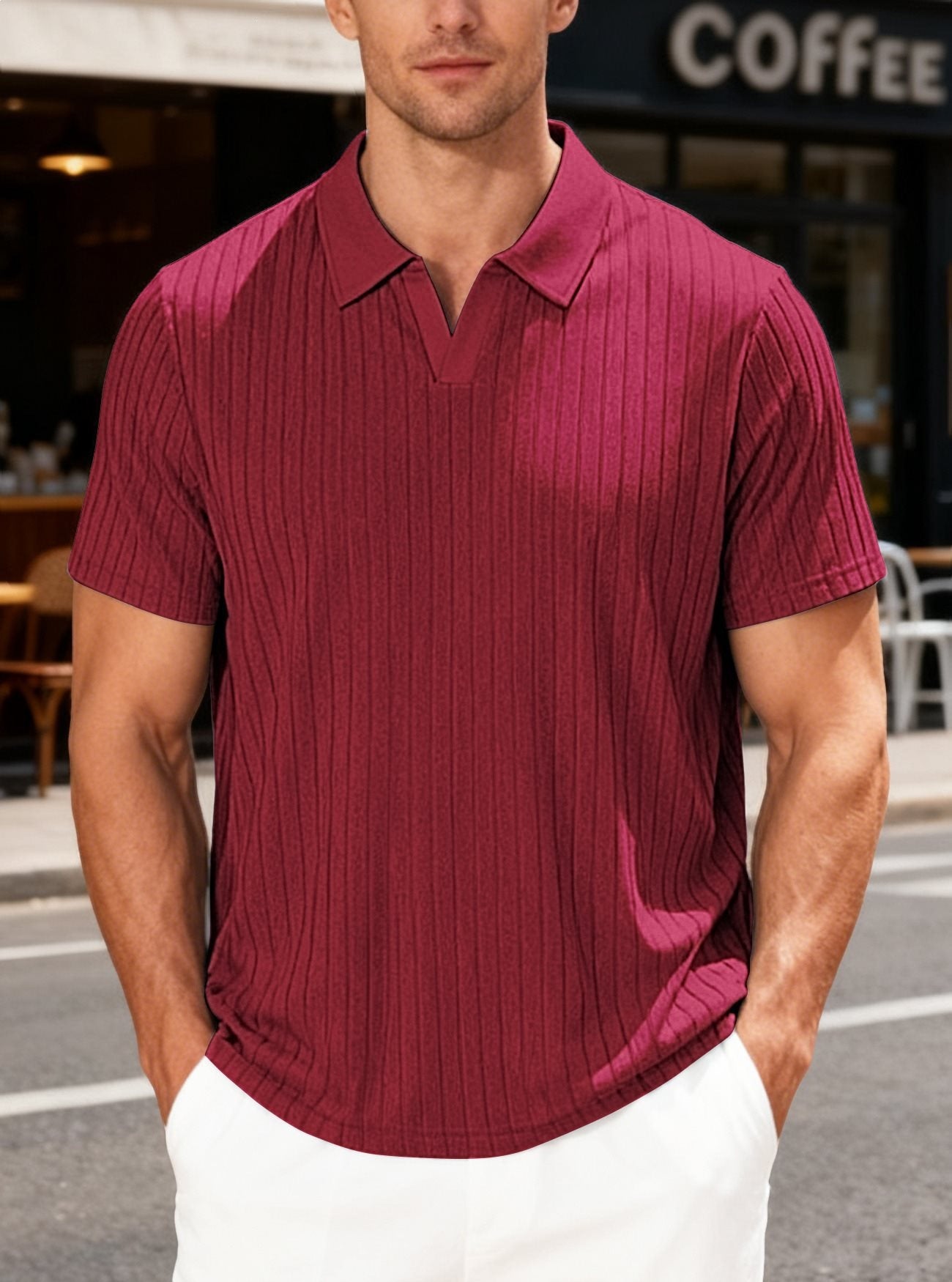 Casual Towel-Weave Jacquard Lapel Mens Striped Short-Sleeve Shirt