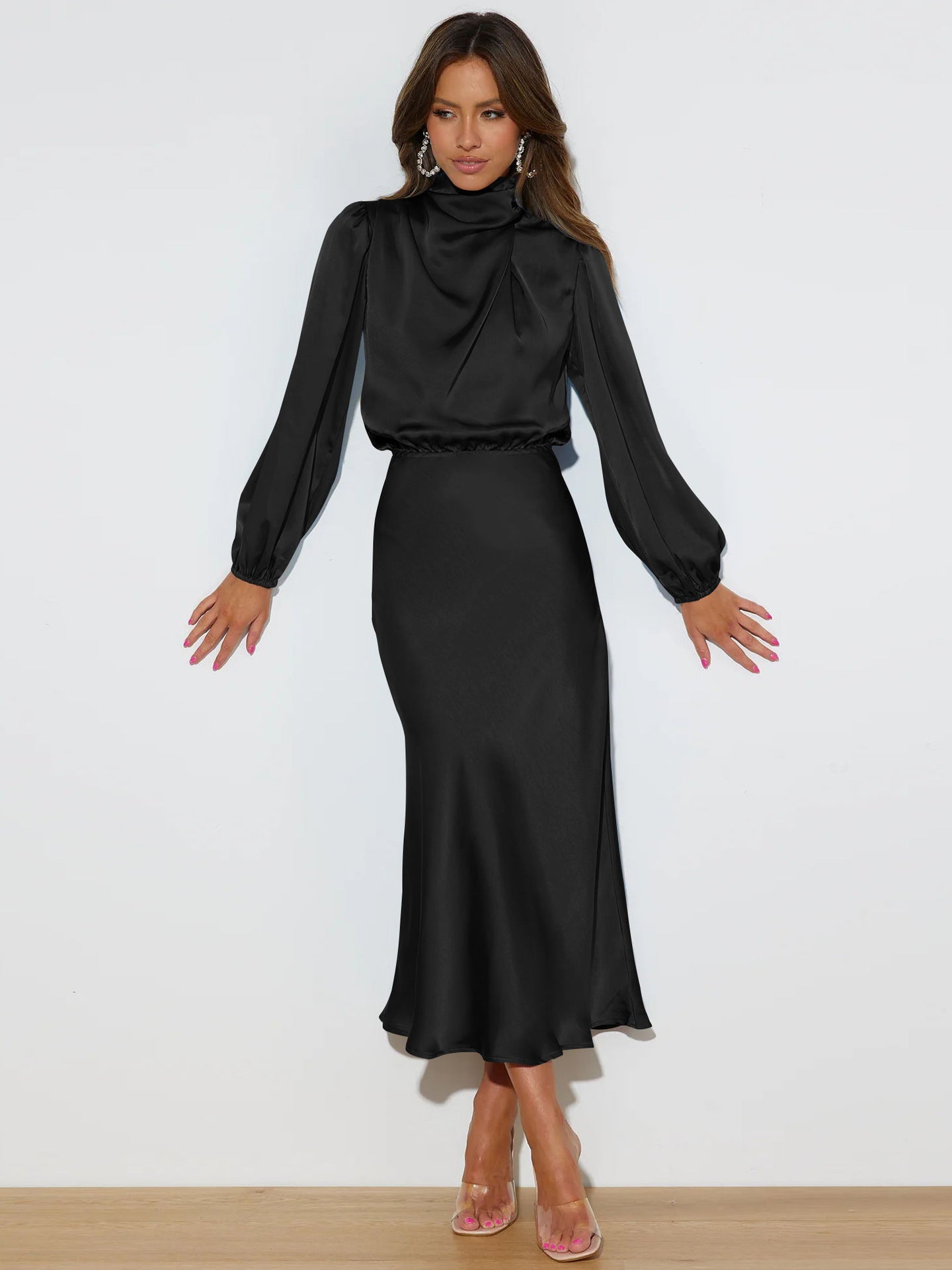 Elegant Temperament Long-sleeved Dress Satin Halterneck Formal Evening Dresses Women Clothing