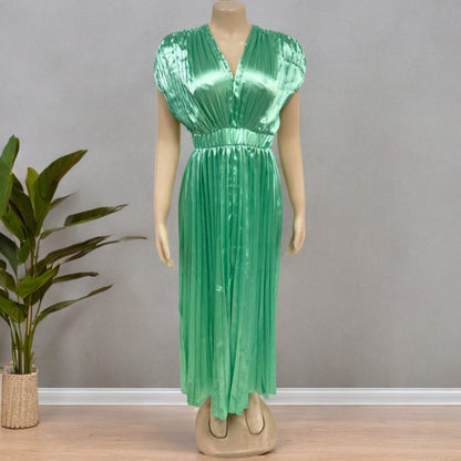 Summer V-neck Pleated Dress INS Fashion Casual Loose Zip Sleeveless Dresses For Women Clothing