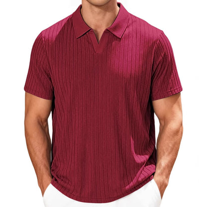Casual Towel-Weave Jacquard Lapel Mens Striped Short-Sleeve Shirt
