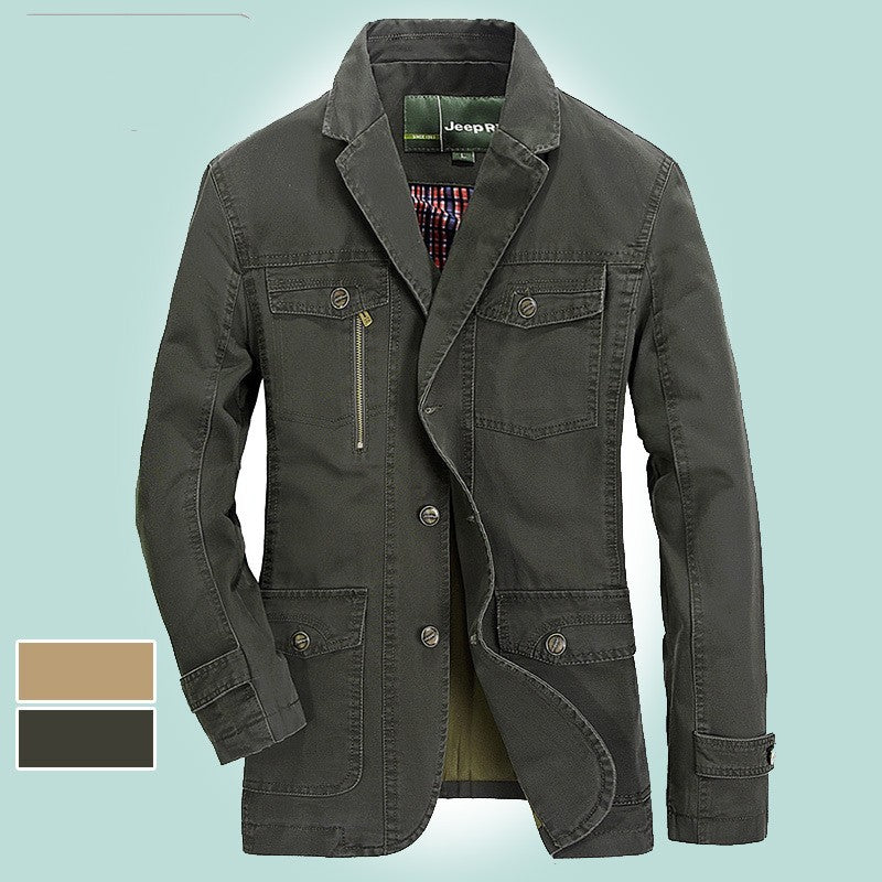 Men's Casual Suit Collar Multi-Pocket Loose Washed Jacket