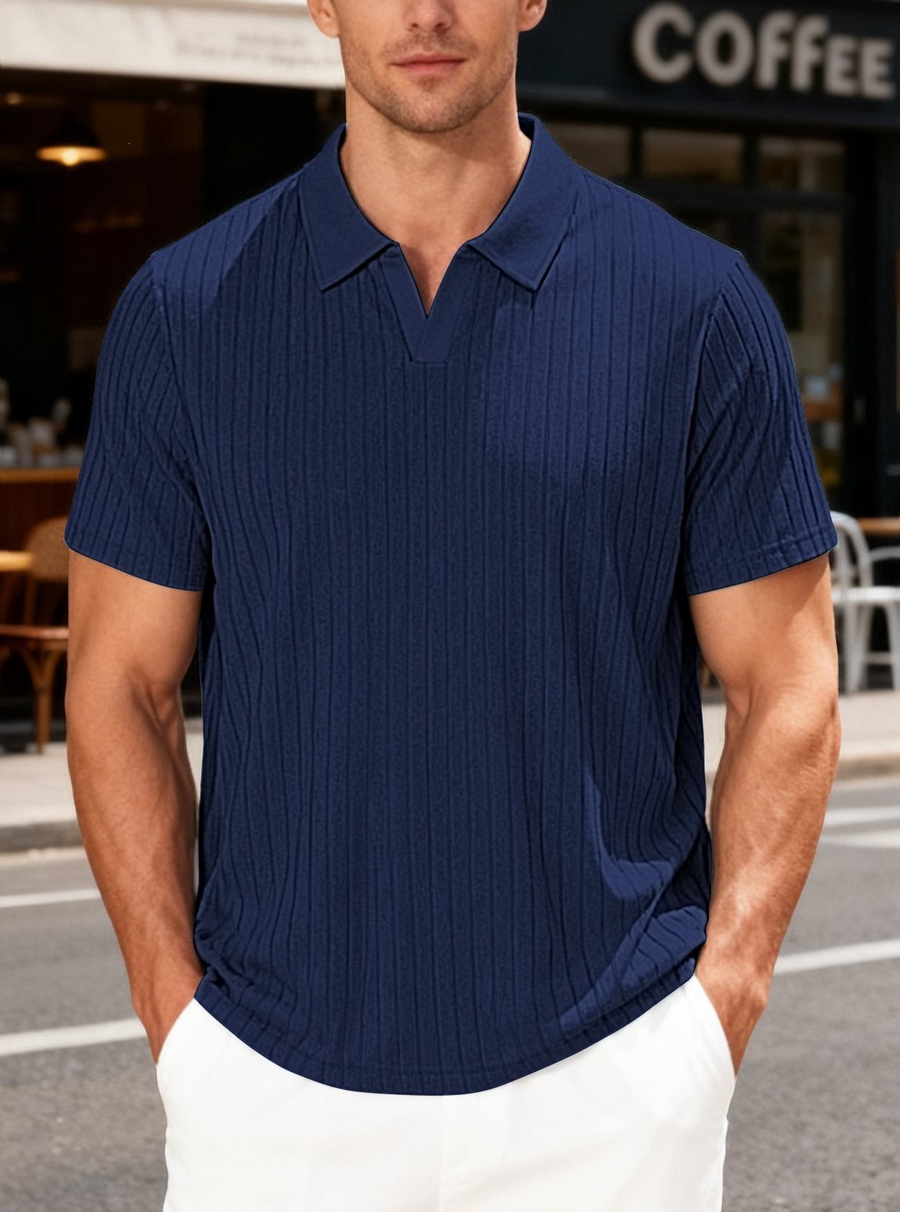 Casual Towel-Weave Jacquard Lapel Mens Striped Short-Sleeve Shirt