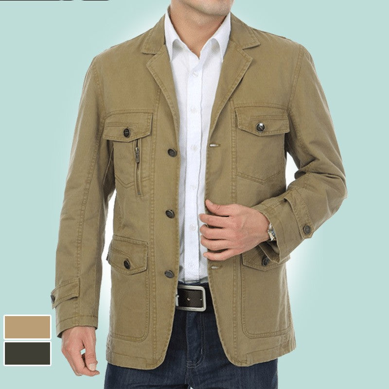 Men's Casual Suit Collar Multi-Pocket Loose Washed Jacket