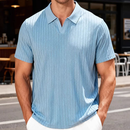 Casual Towel-Weave Jacquard Lapel Mens Striped Short-Sleeve Shirt