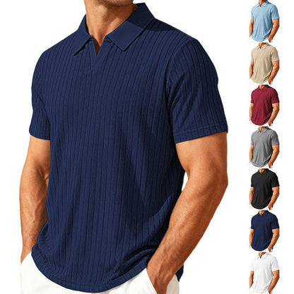 Casual Towel-Weave Jacquard Lapel Mens Striped Short-Sleeve Shirt